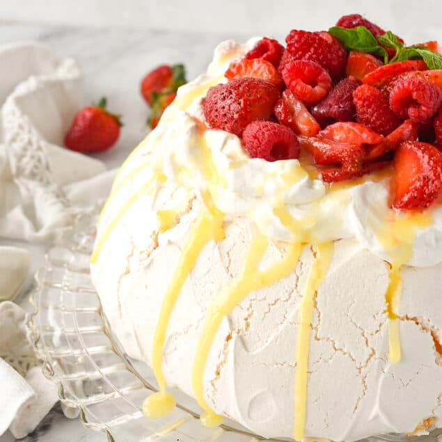 PAVLOVA WITH FRESH STRAWBERIES ON TOP