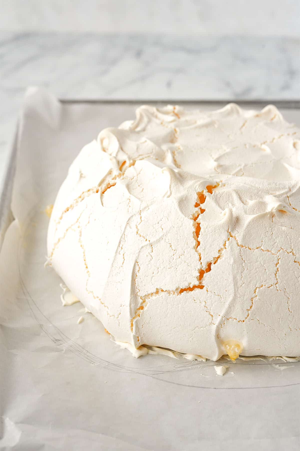 baked pavlova meringue on a baking sheet