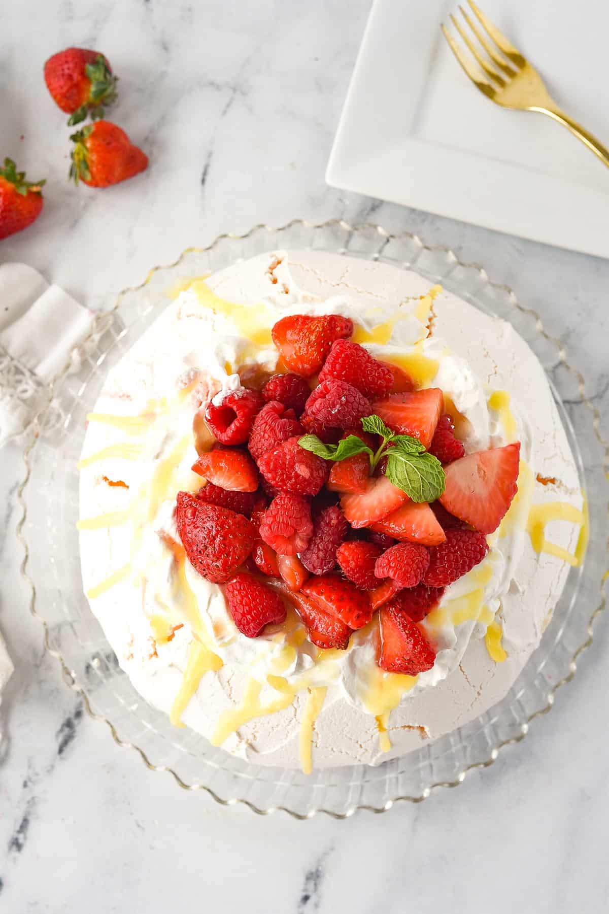 overhead shot of strawberry pavlova