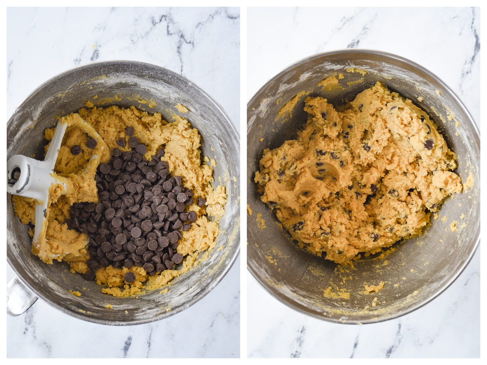 adding chocolate chips to cookie dough