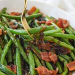 Green Beans with Bacon in a white bowl