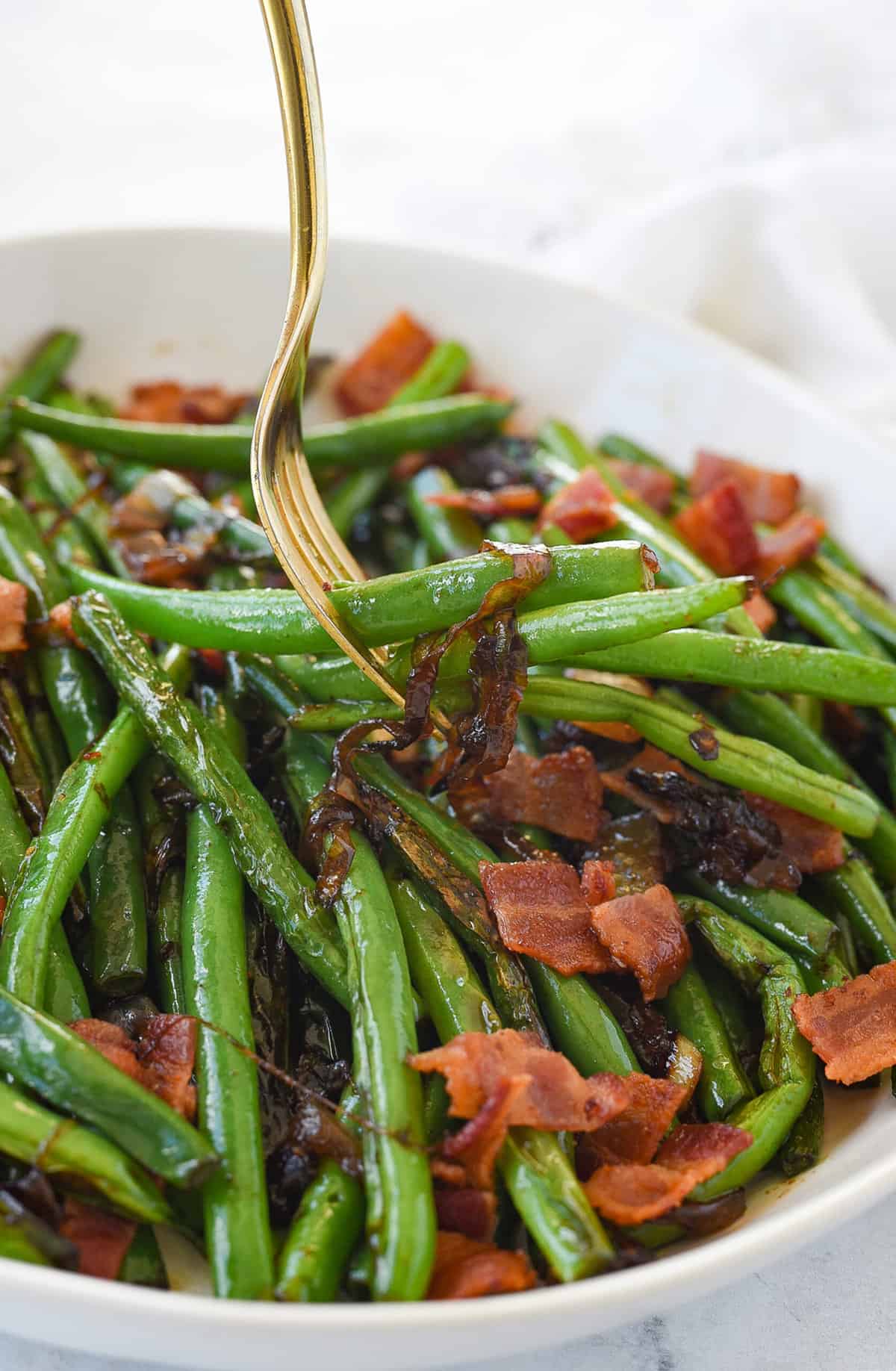 Green Beans with Bacon in a white bowl