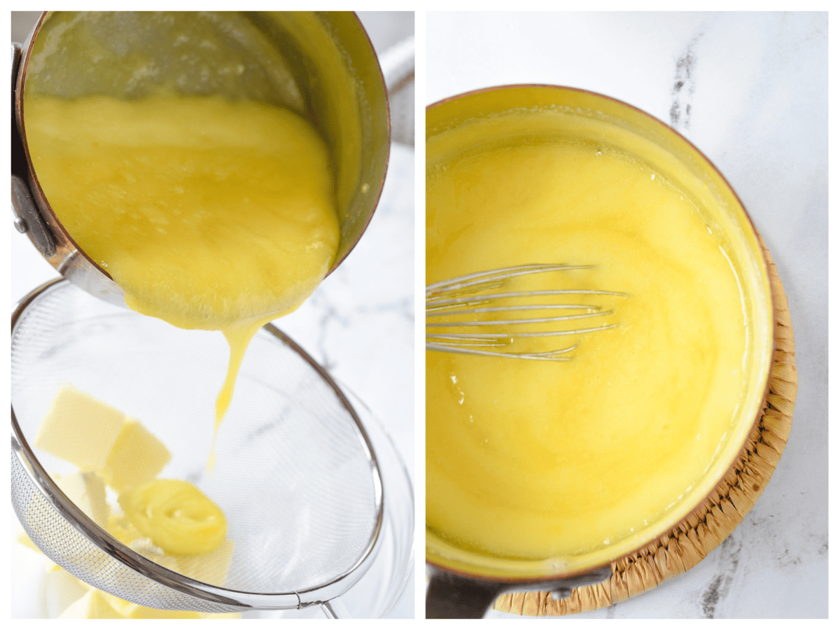 pouring lemon curd over butter