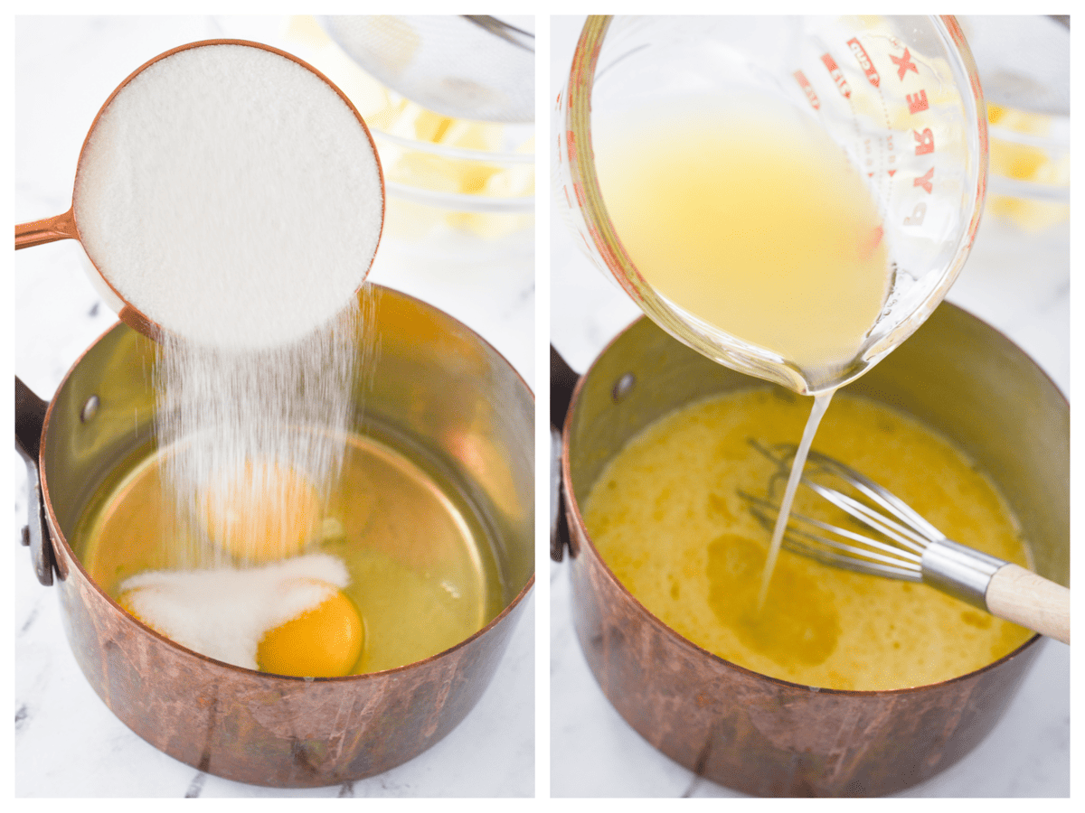 mixing sugar and lemon juice for lemon curd in a sauce pan