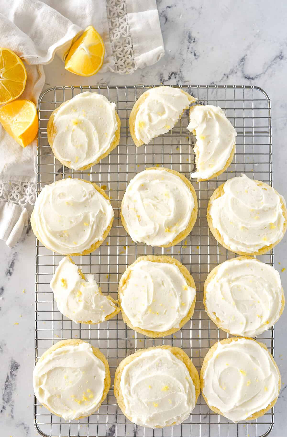 overhead shot of lemon sugar cookies on a cooling rack