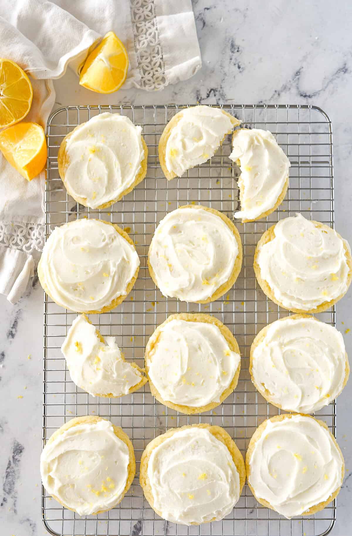 overhead shot of lemon sugar cookies on a cooling rack