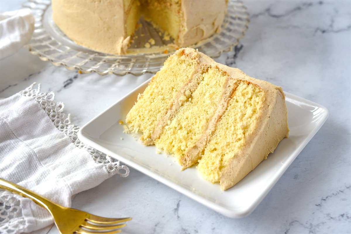 slice of caramel cake on plate