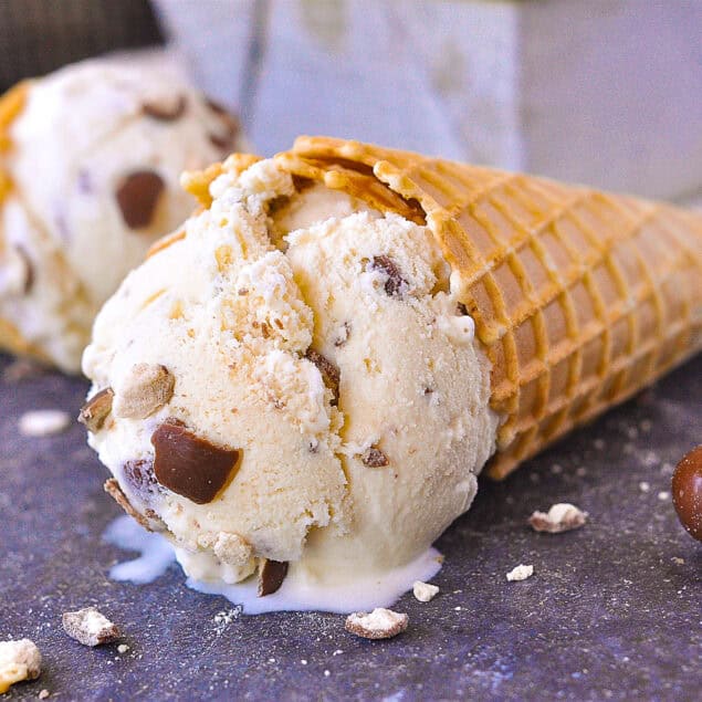 two cones with malted milk ice cream on them