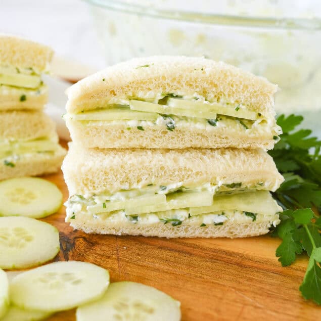 stack of two cucumber sandwichdes
