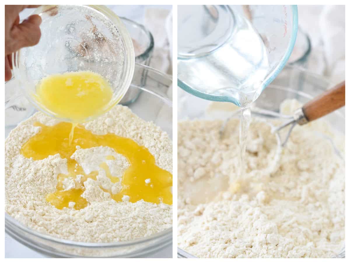adding melted butter and water to flour mixture