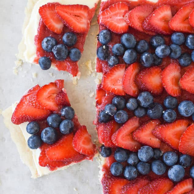 overhead shot of 4th of july fruit pizza