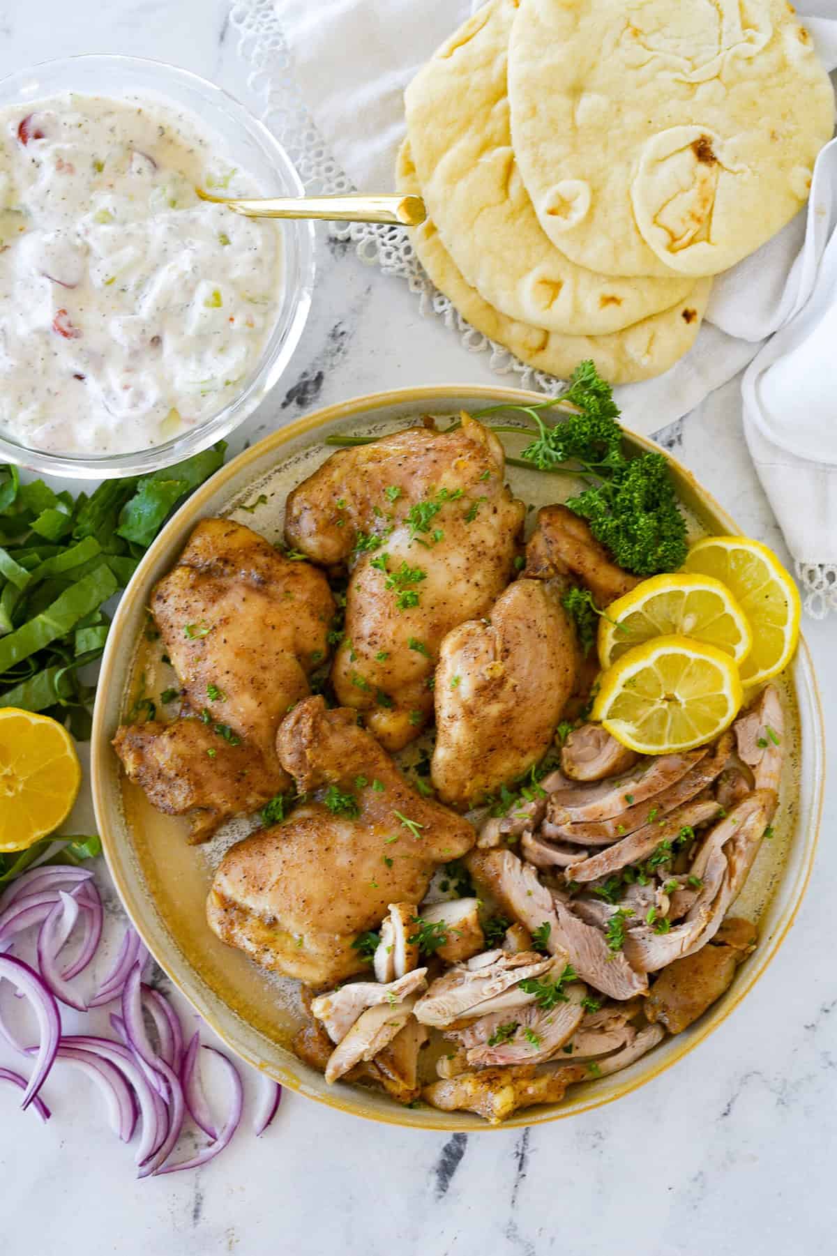 overhead shot of chicken shawarma on a plate