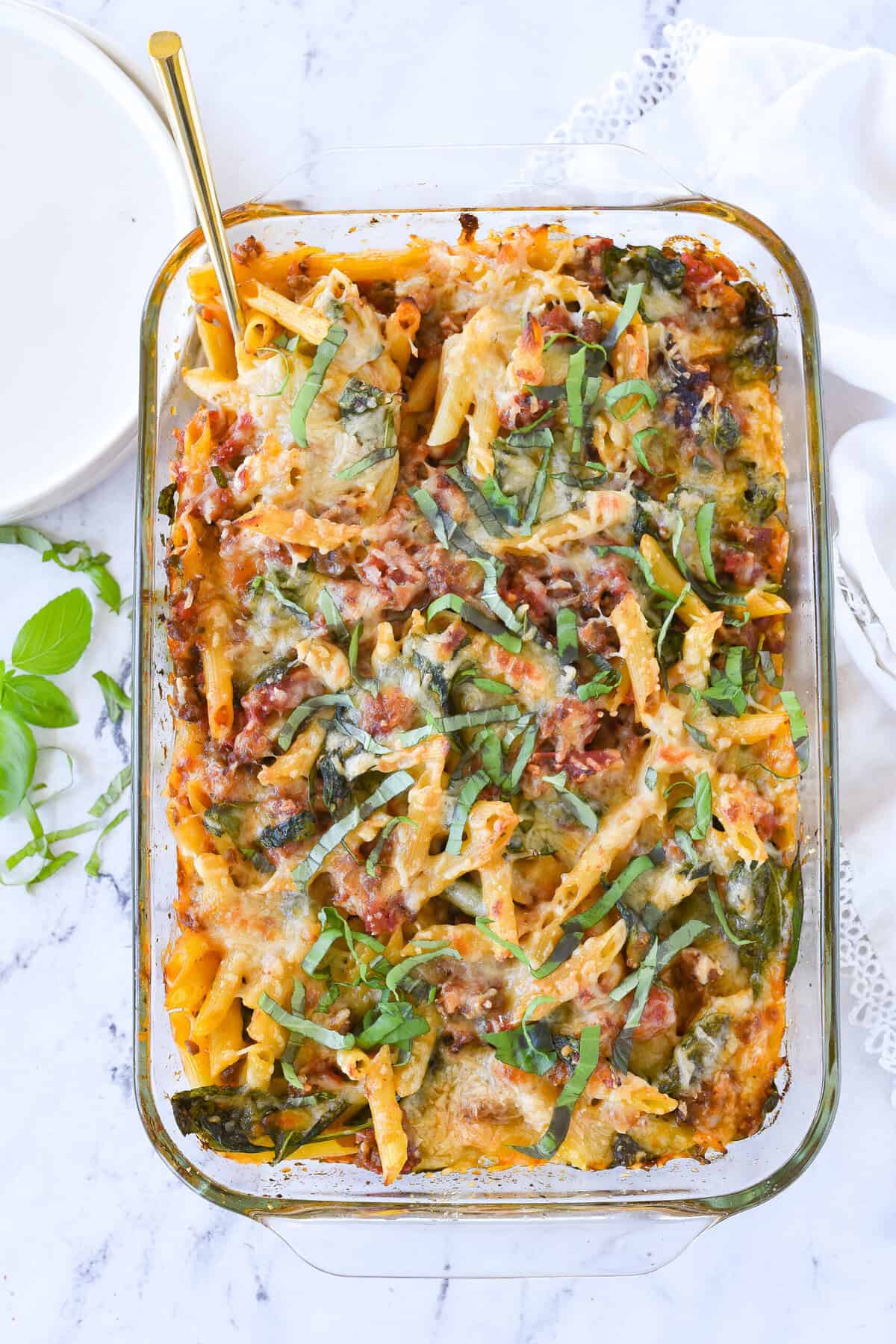 overhead shot of baked ziti in a pan