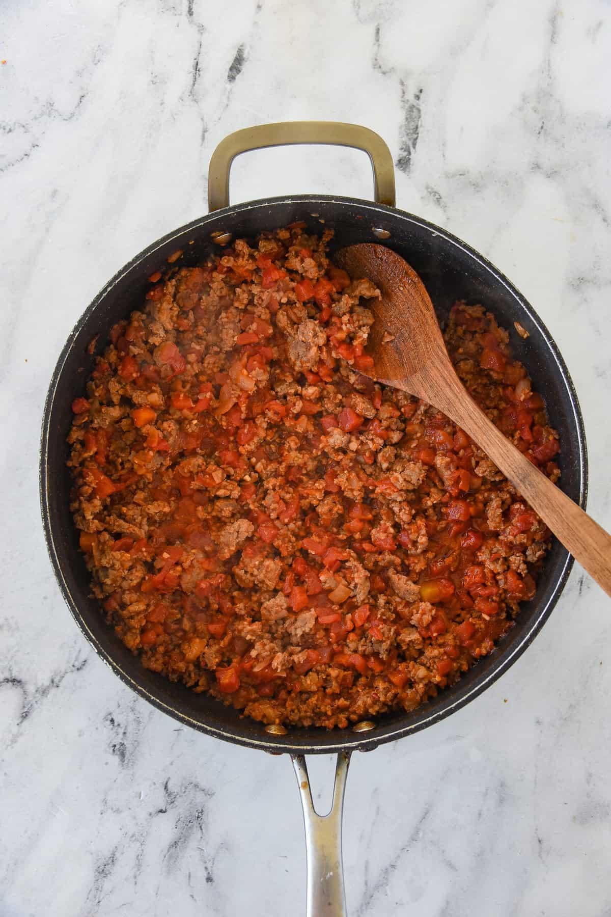 simmered meat mixture in pan