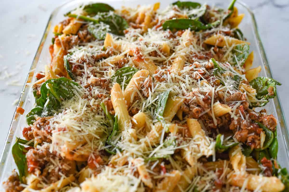 baked ziti ready for the oven