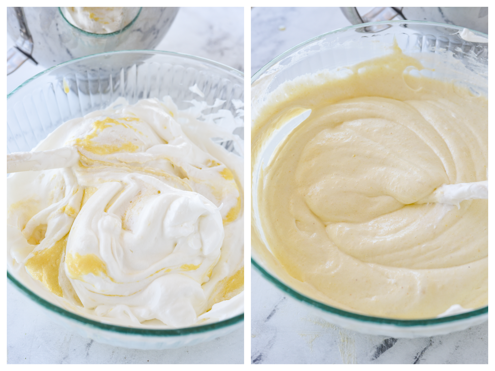 combining egg whites and batter in a bowl