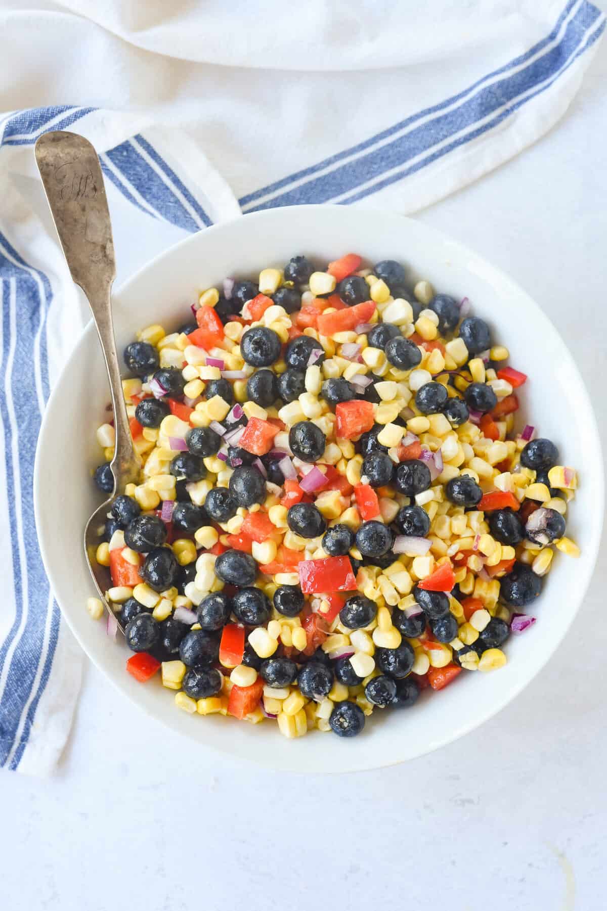 blueberry corn salad overhead shot of blueberry corn salad