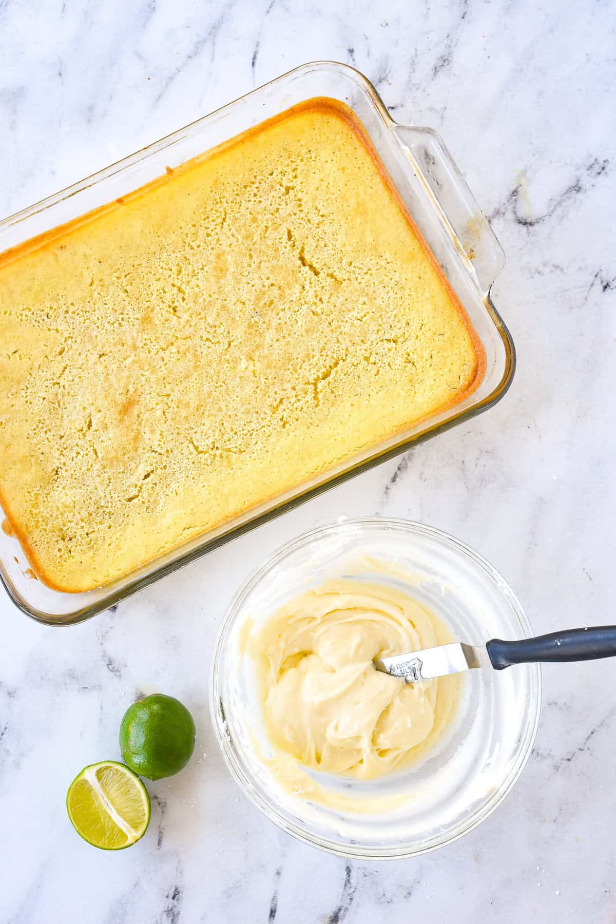 bowl of frosting and key lime bars, overhead shot