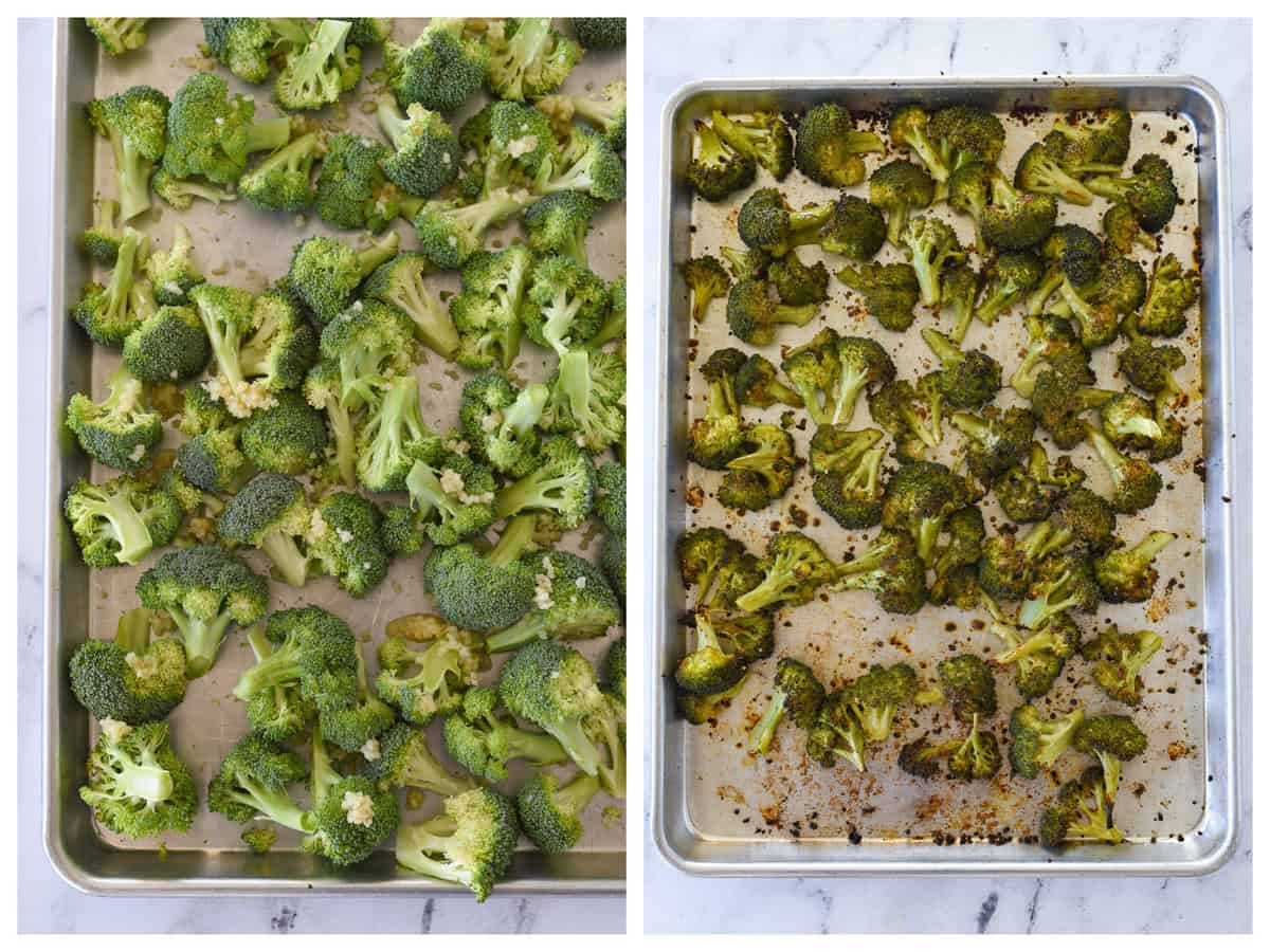 before and after of roasted broccoli on a baking sheet
