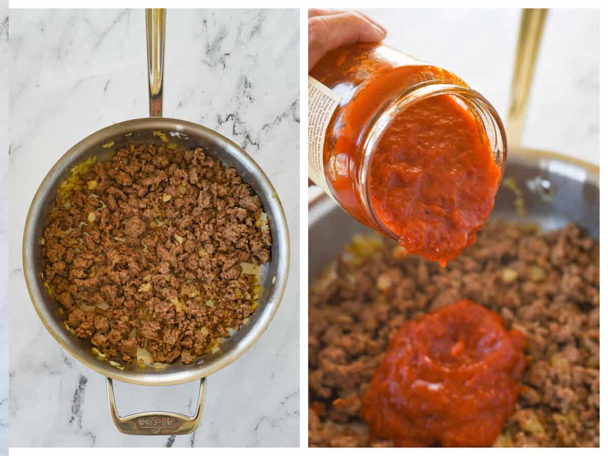 adding marinara sauce to italian sausage in pan