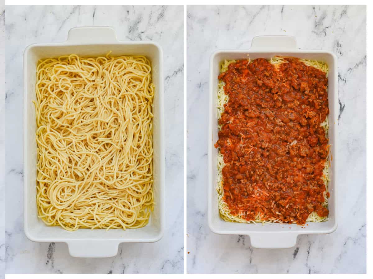 noodles in pan with marinara sauce on top