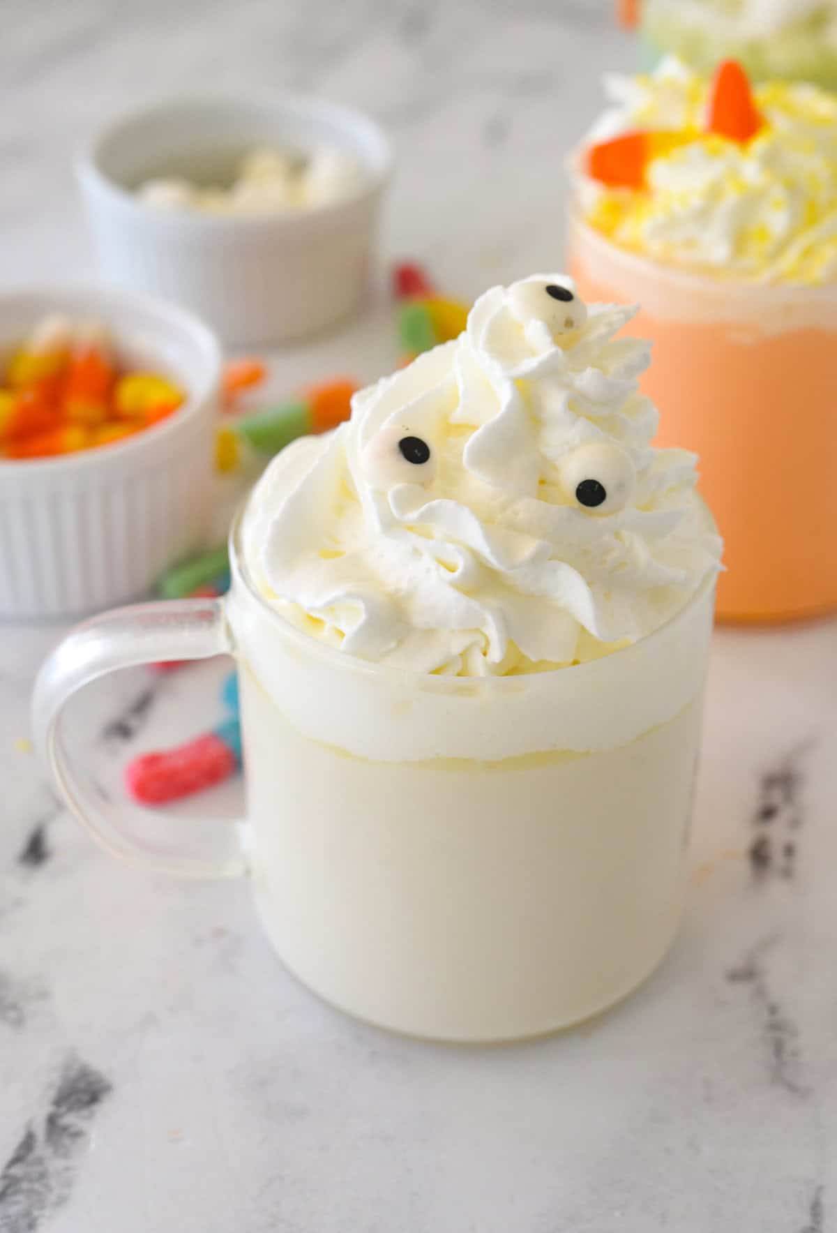 spooky white hot chocolate ina mug