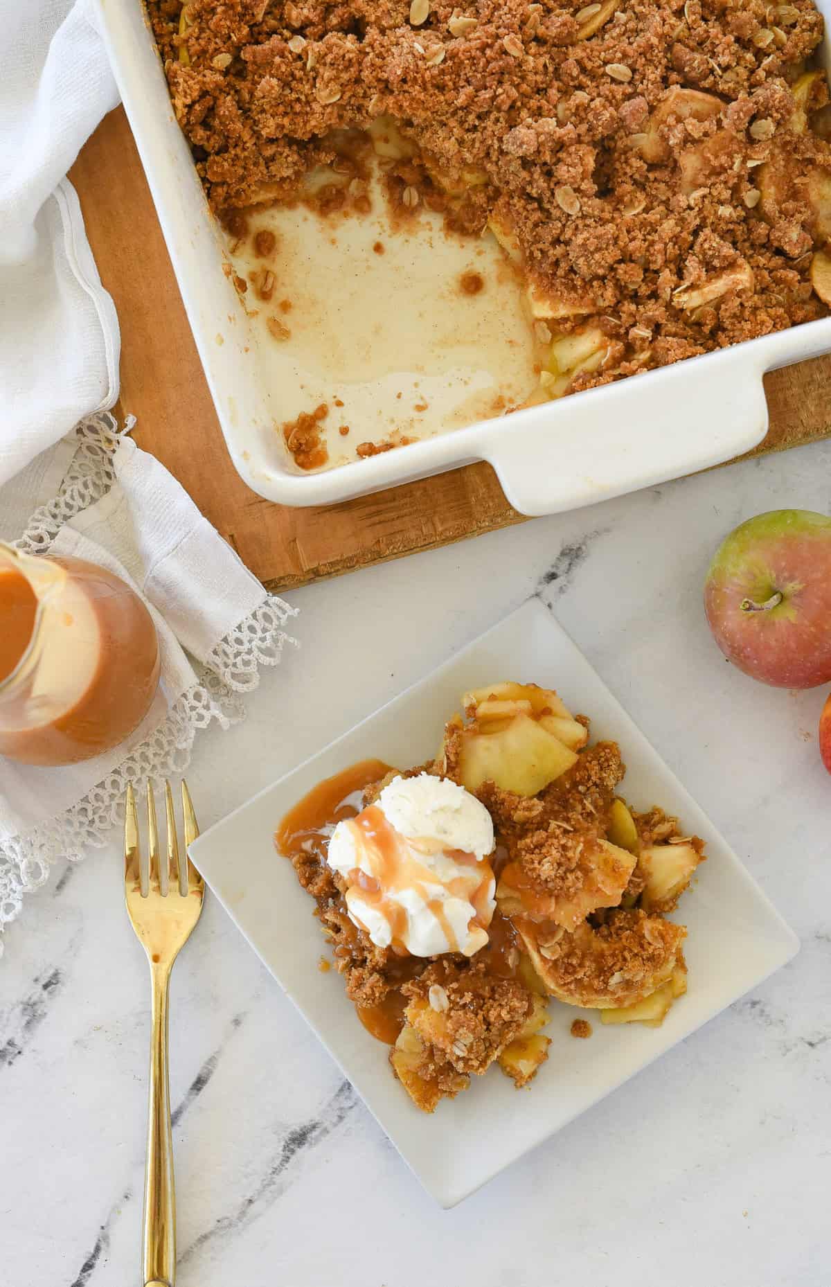 overhead shot of apple crisp with ice cream on top