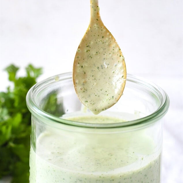 spoon with tomatillo dressing on it.