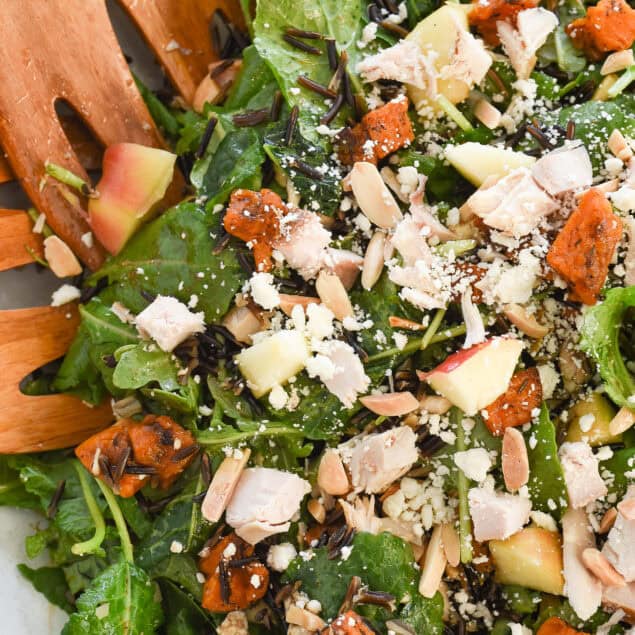 overhead shot of harvest salad in a white bowl