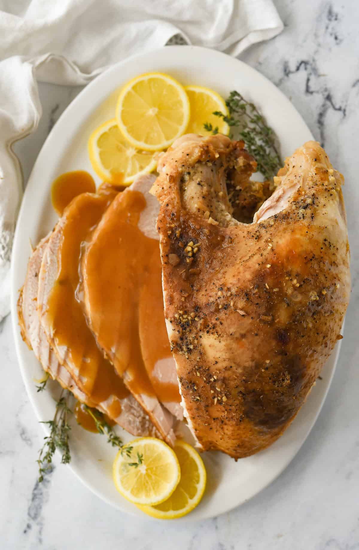 slow cooker turkey breast overhead shot of a turkey breast on a platter
