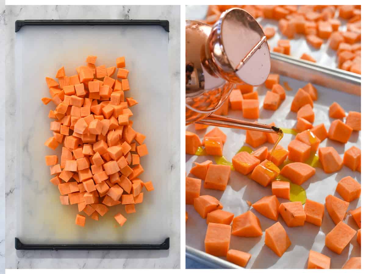 drizzling sweet potatoes with olibe oil