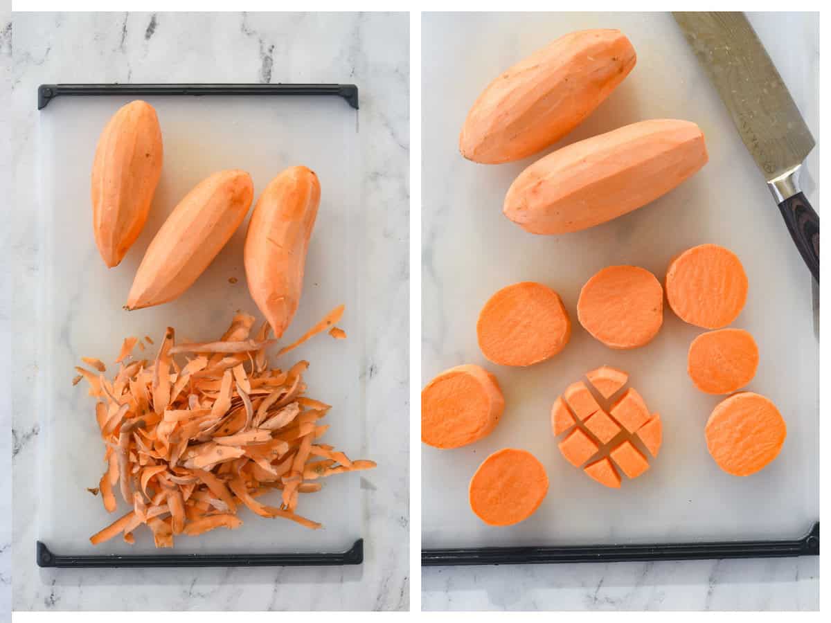 peeling and cutting sweet potatoes
