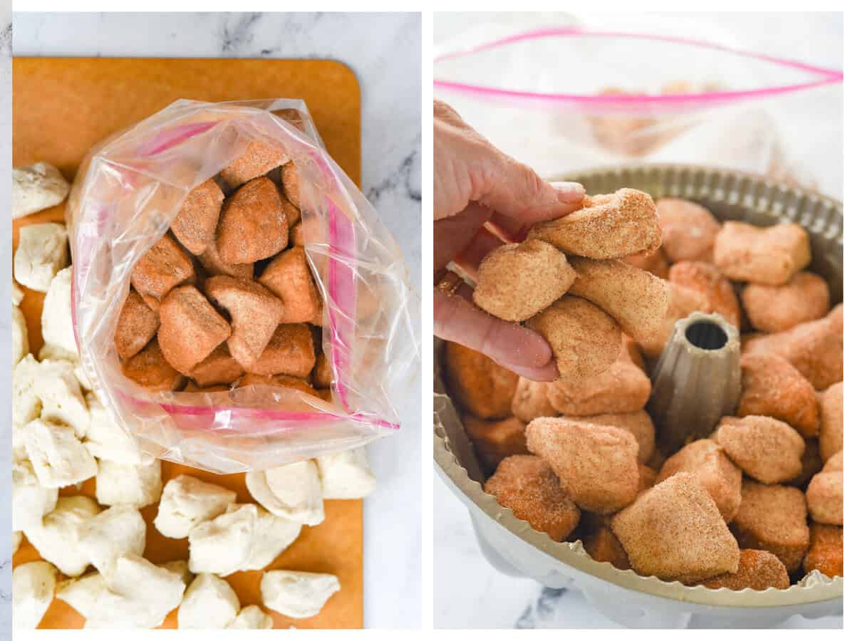 adding cinnamon sugar to biscuits