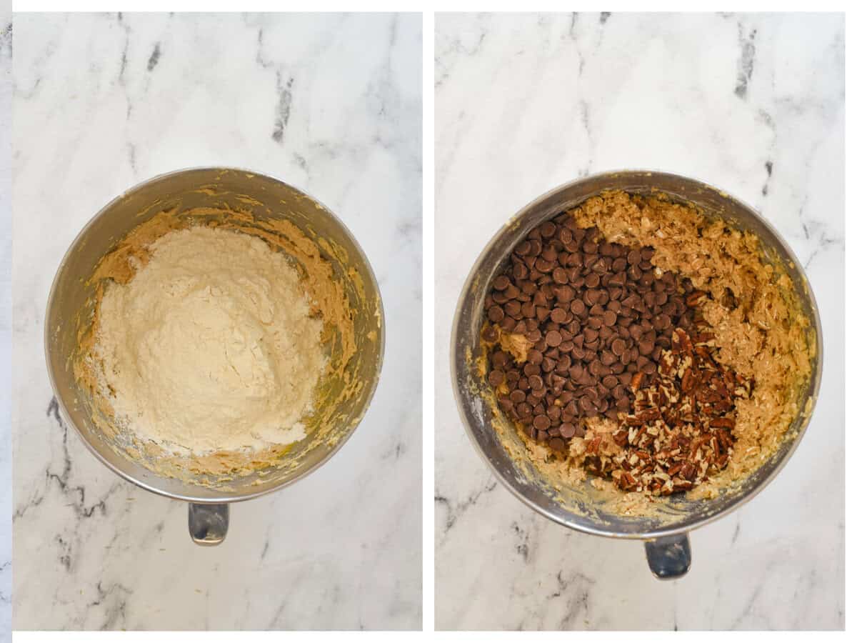 adding flour and chocolate chips to cowboy cookies