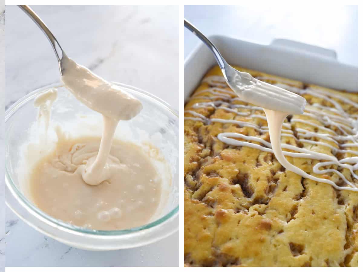 drizzling cake with frosting.