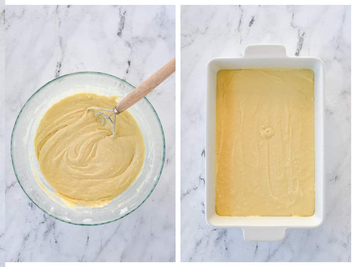 cake batter in a baking dish
