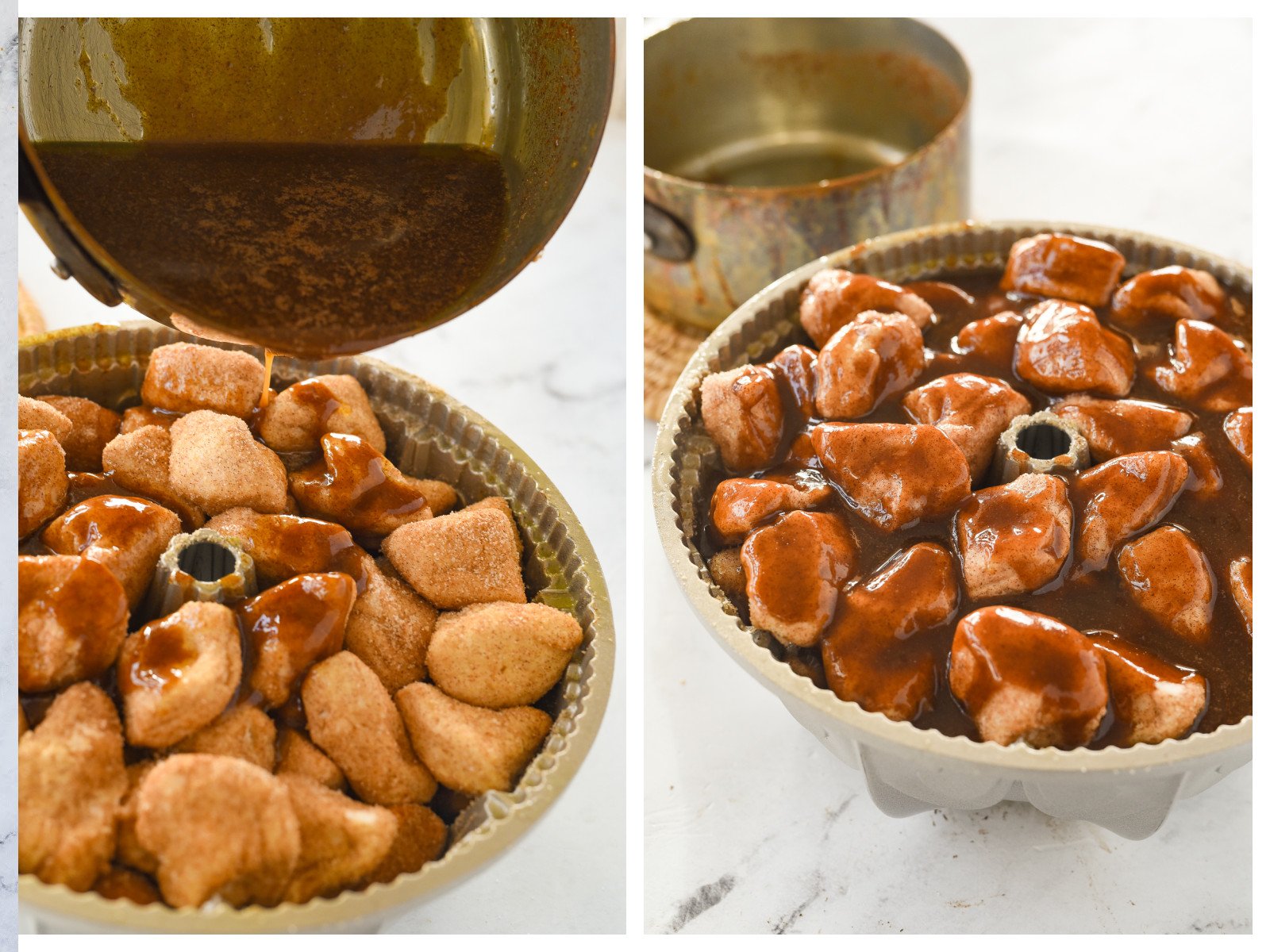 pouring caramel sauce over monkey bread
