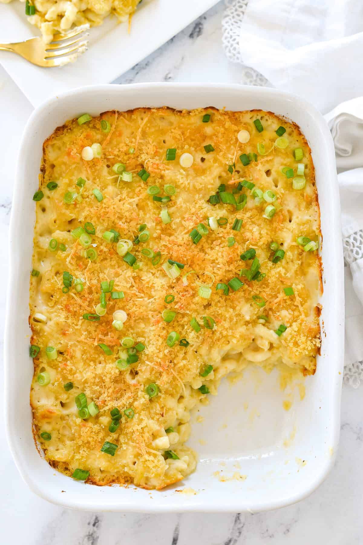 overhead shot of pan of baked mac and cheese