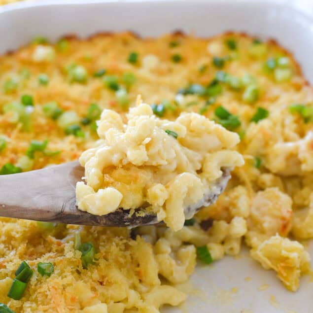 side view of a wooden spoon with mac and cheese on it