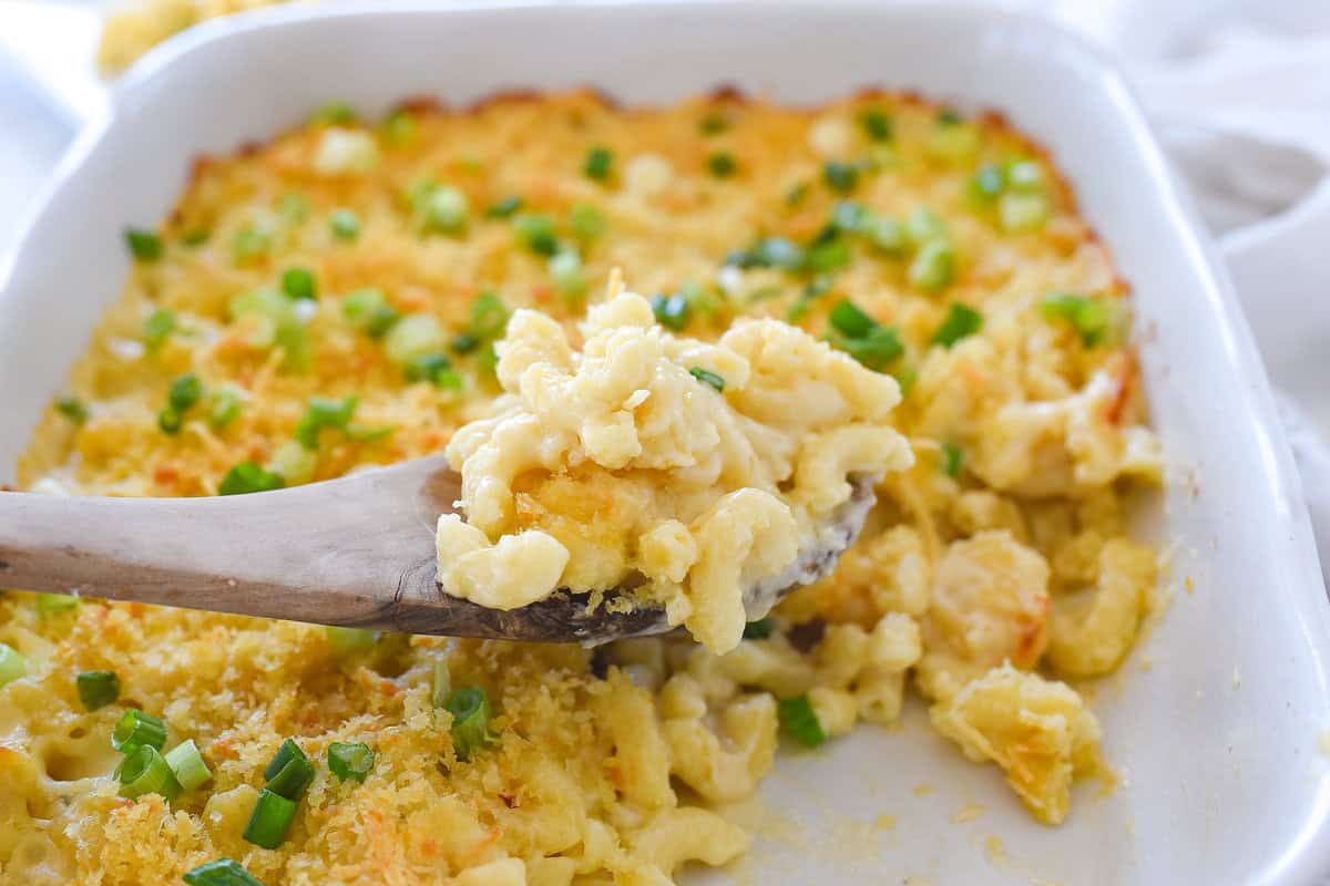 side view of a wooden spoon with mac and cheese on it