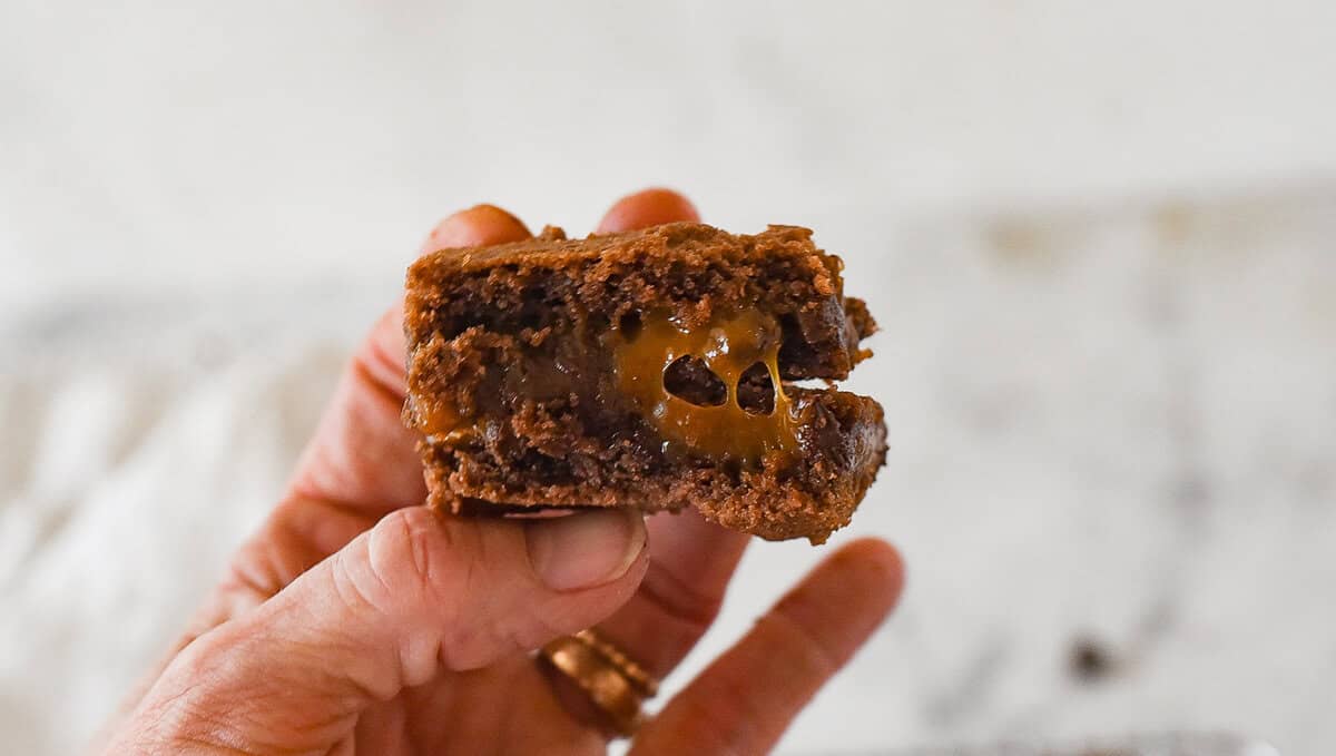close up of caramel brownie 