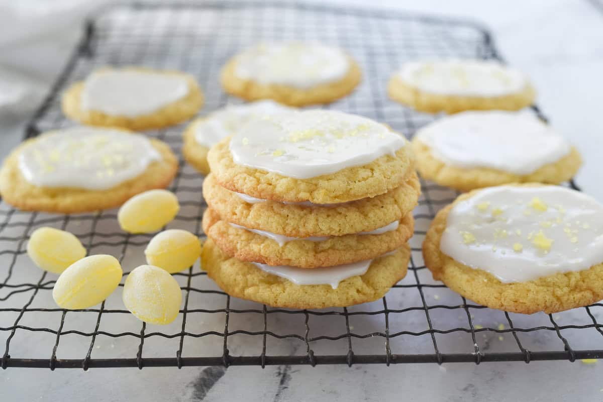 lemon drop cookies on a cooling rack
