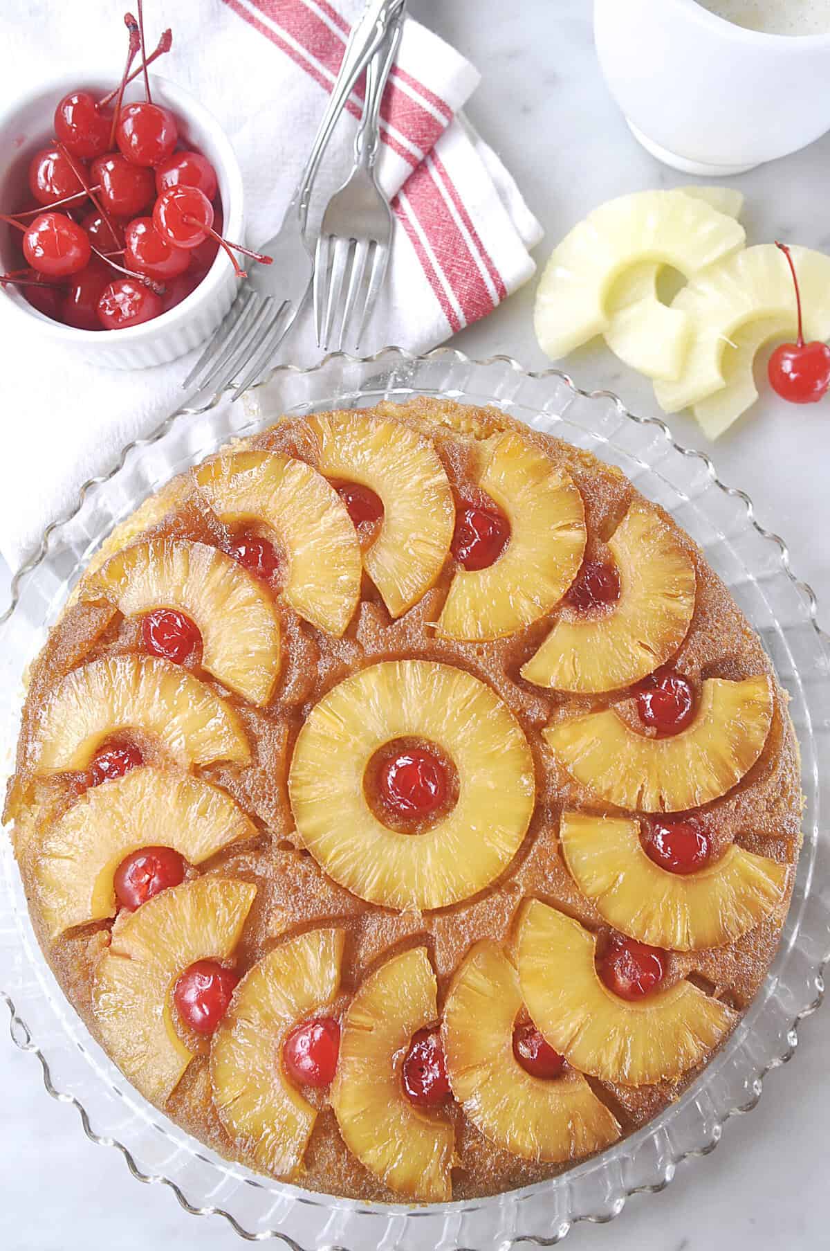 overhead view of pineapple upside down cake