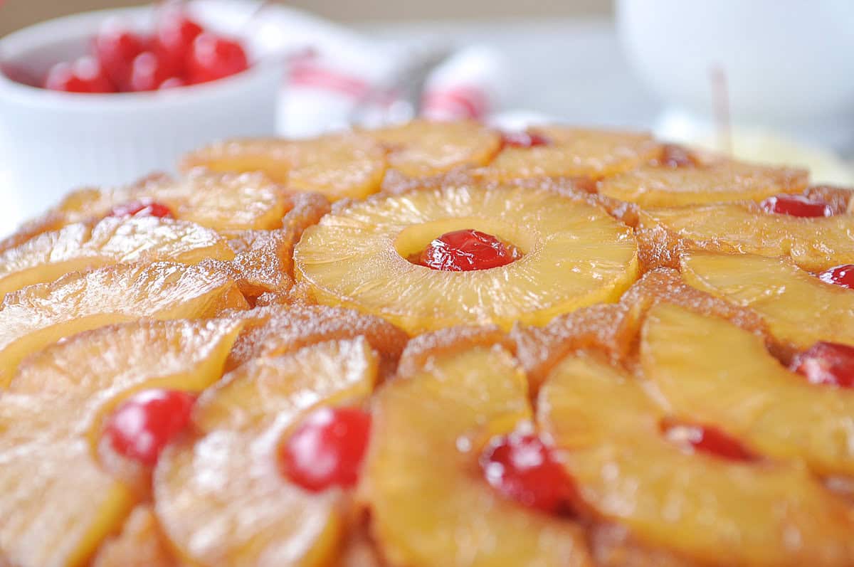closeup of a pineapple upside down cake