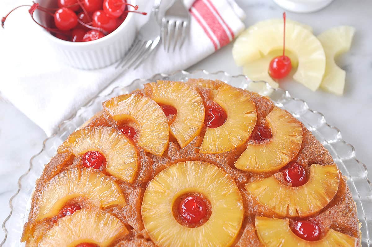 half of a pineapple upside down cake