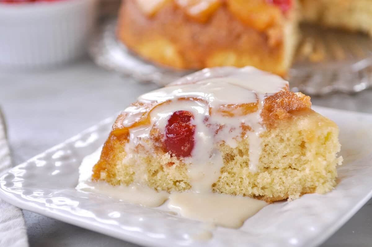 cream sauce over the top of pineapple upside down cake