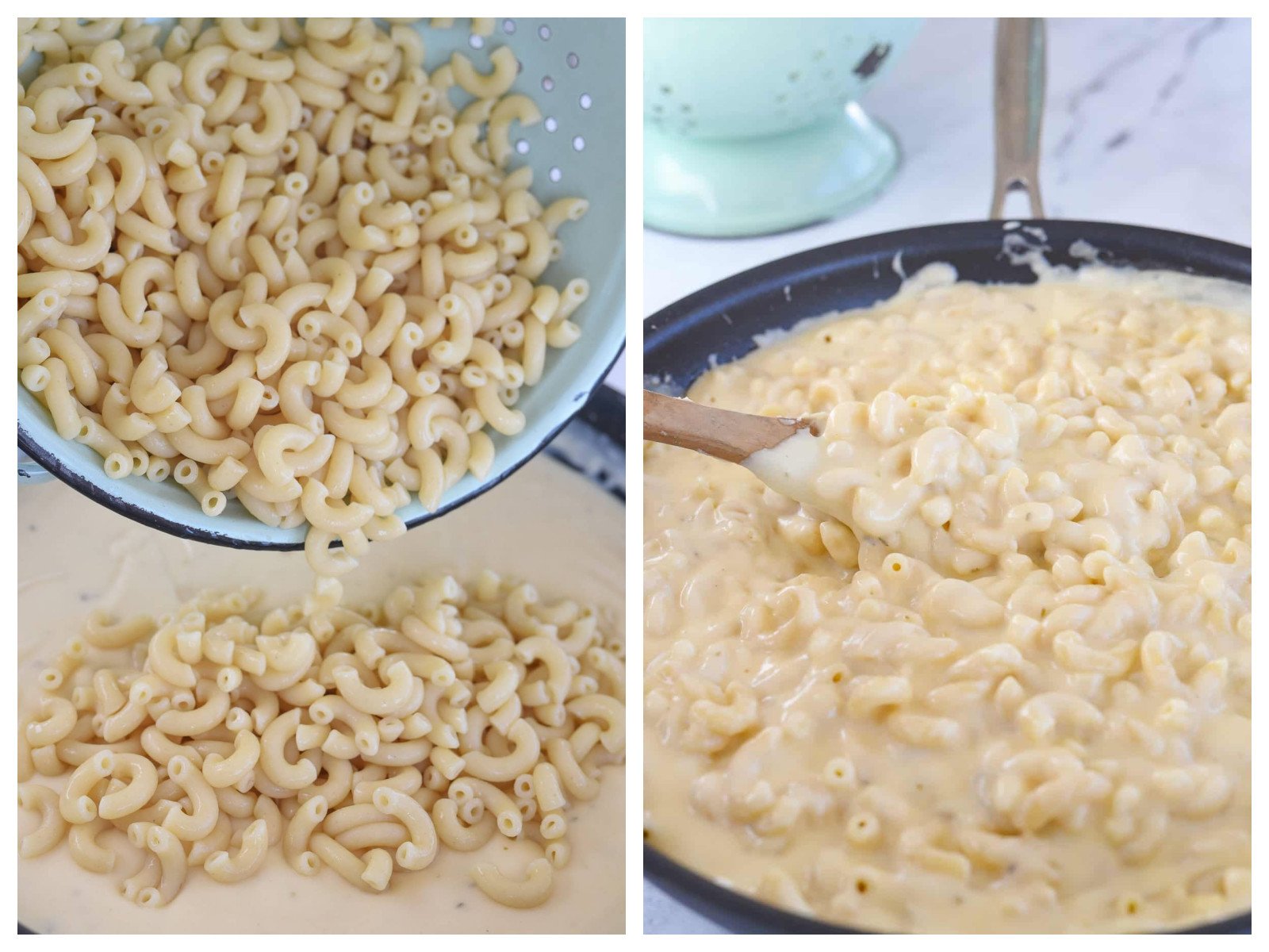 adding pasta to cheese sauce