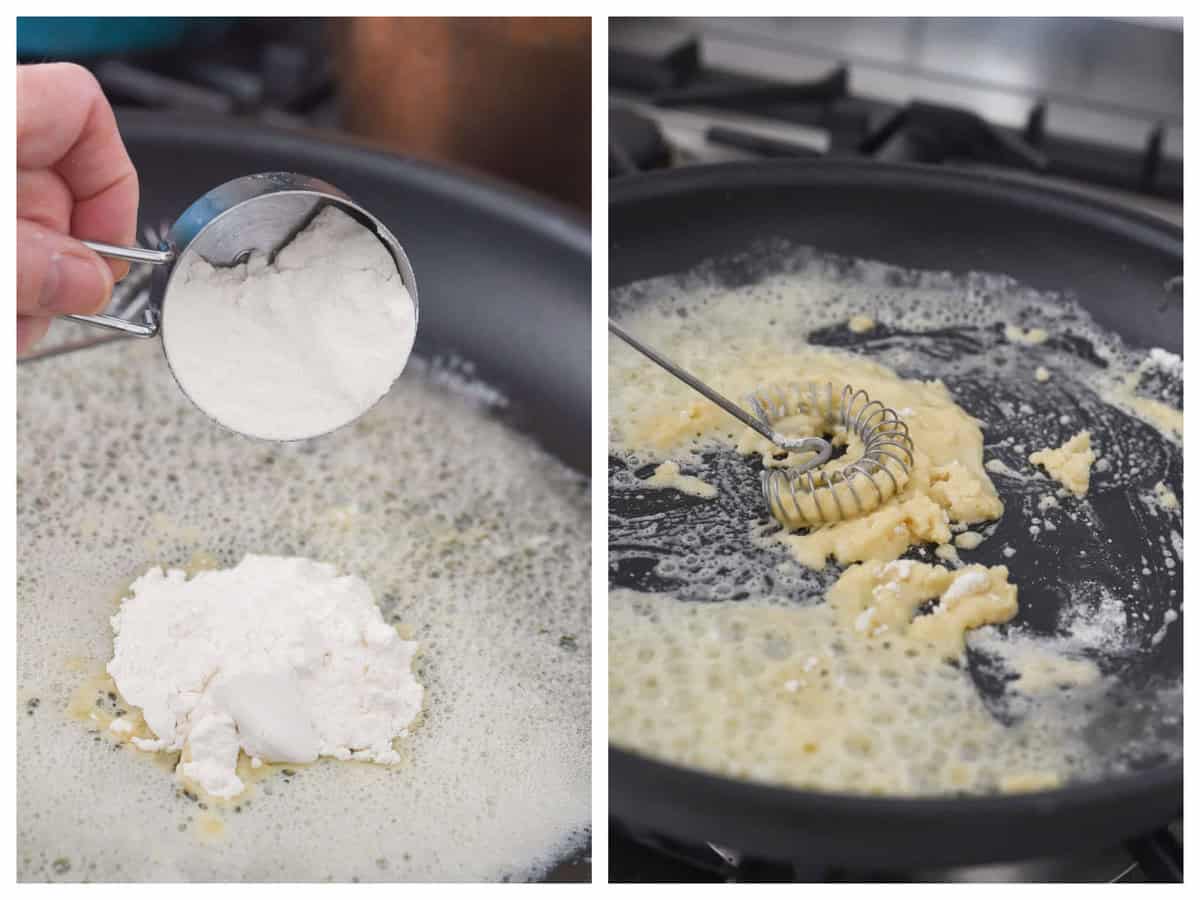 mixing flour into melted butter to make a roux