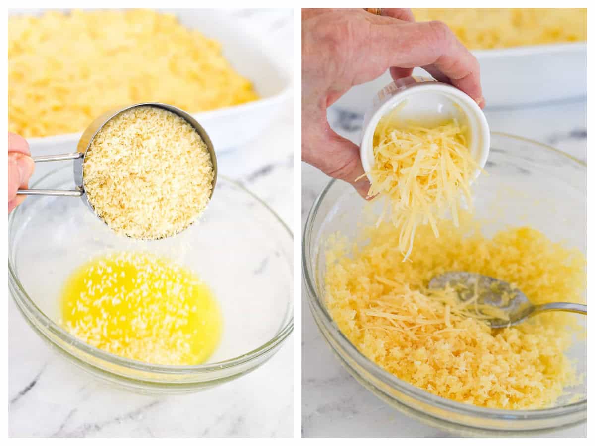 adding cheese to breadcrumbs