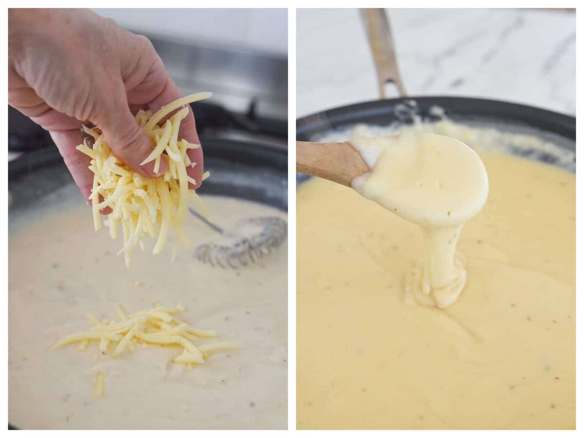adding cheese to roux to make cheese sauce